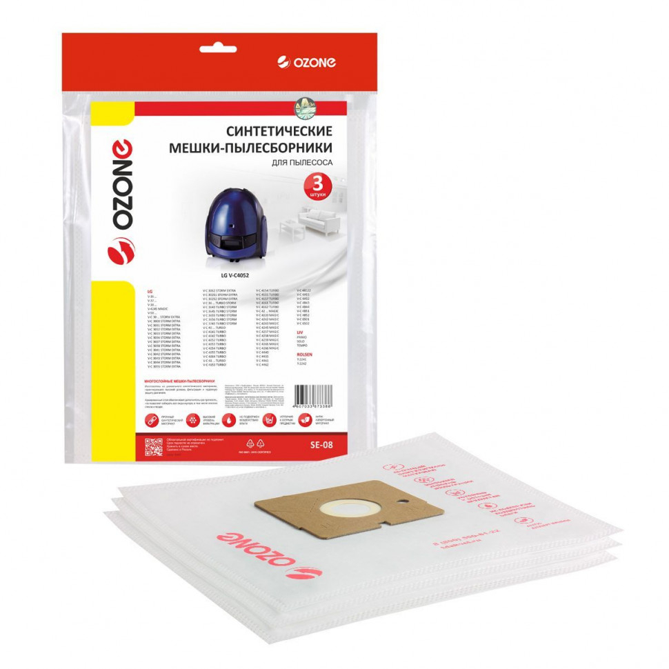 Мешки-пылесборники для пылесосов LG, LIV, Rolsen синтетические, 3 шт, Ozone, SE-08NZ